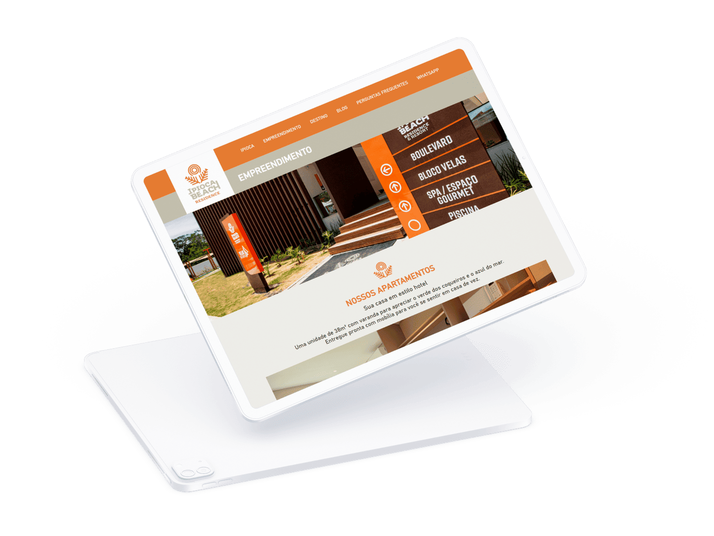 Detalhe do website Ipioca Beach Residence apresentado em tablet