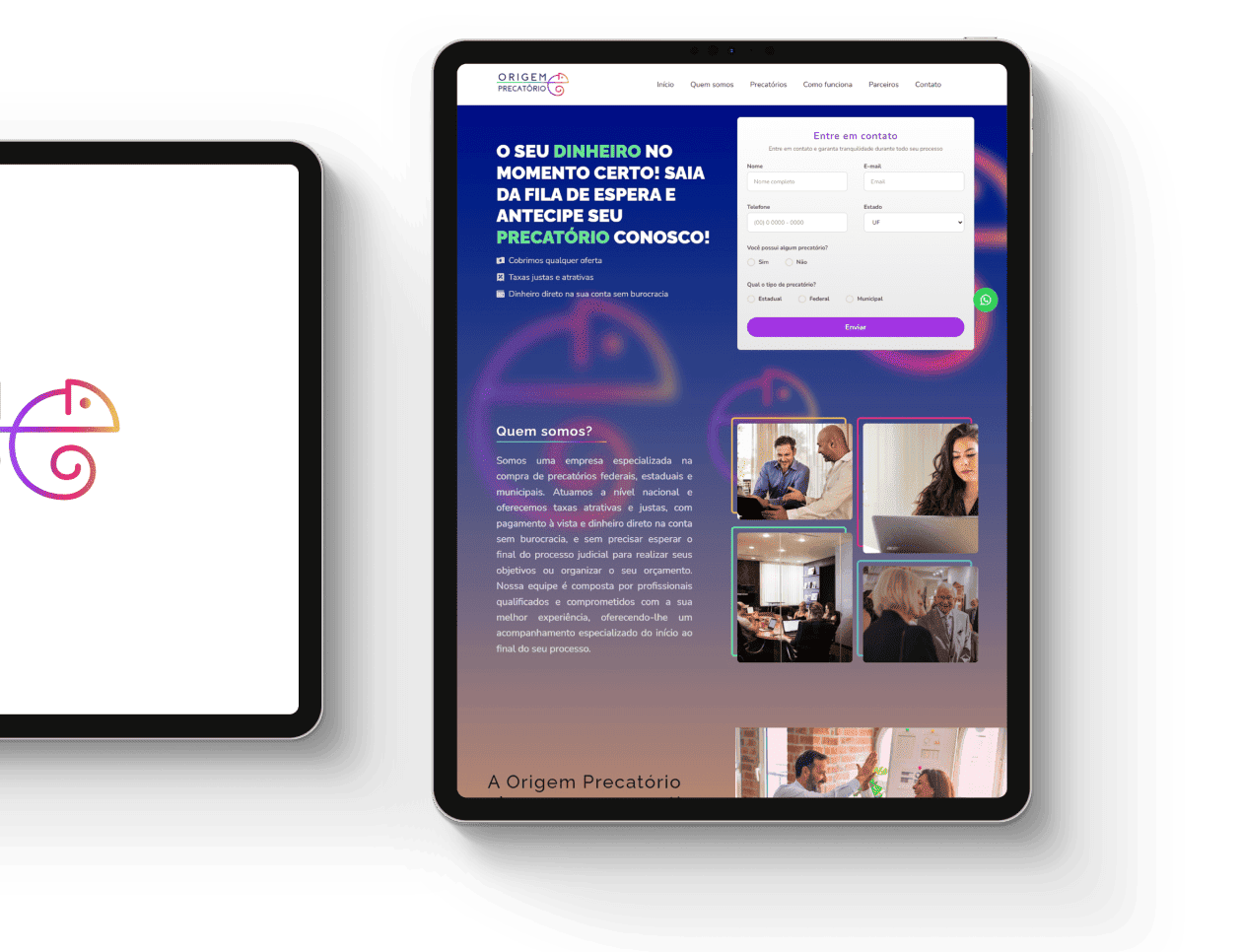 Detalhe da página da Origem Precatório em tablet, com formulário e informações da empresa