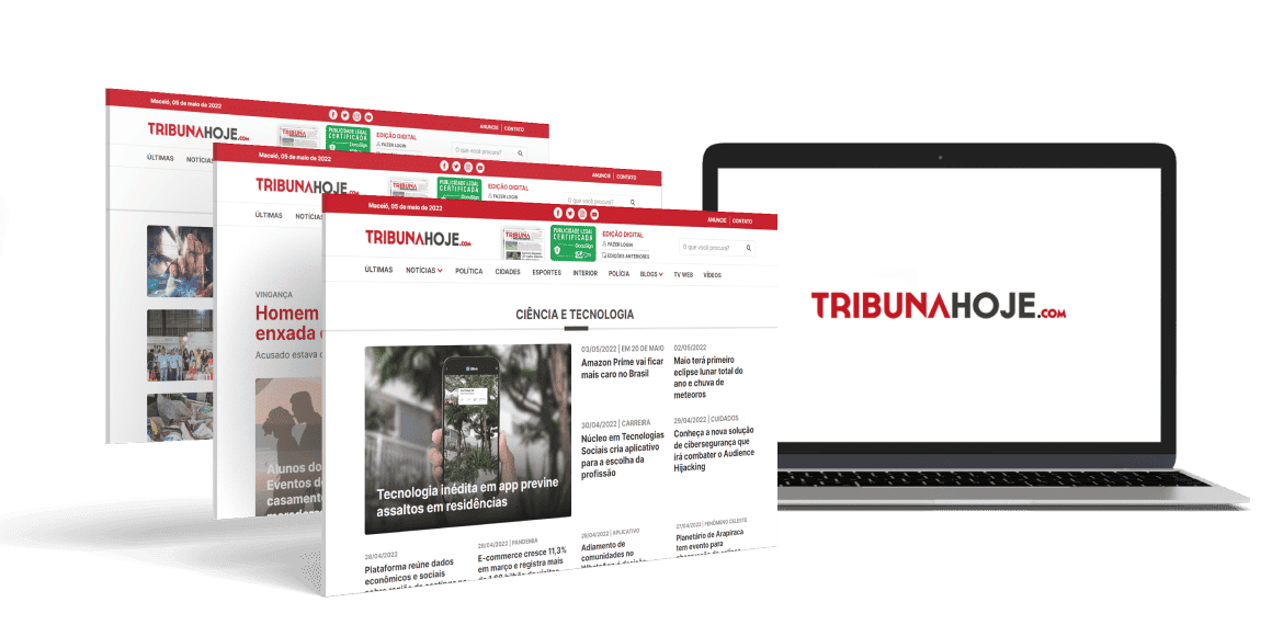 Portal Tribuna Hoje desenvolvido pela 2i9, apresentado em páginas e notebook