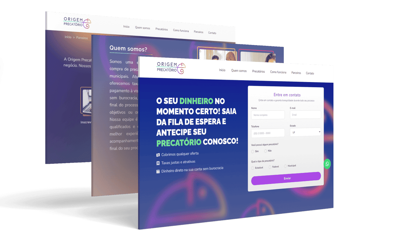 Páginas da Origem Precatório com apresentação da oferta e formulário de contato