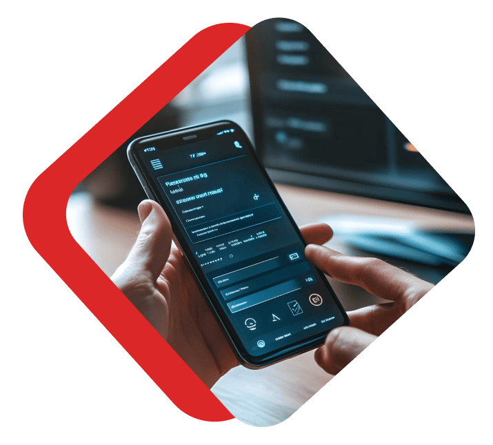 Pessoa utilizando um aplicativo em um smartphone, ao lado de um computador