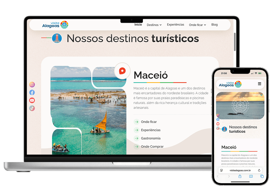 Projeto Visite Alagoas: portal de turismo apresentado em computador e celular