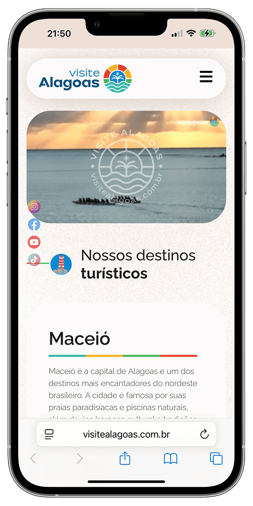 Portal Visite Alagoas no celular, com navegação e informações sobre Maceió
